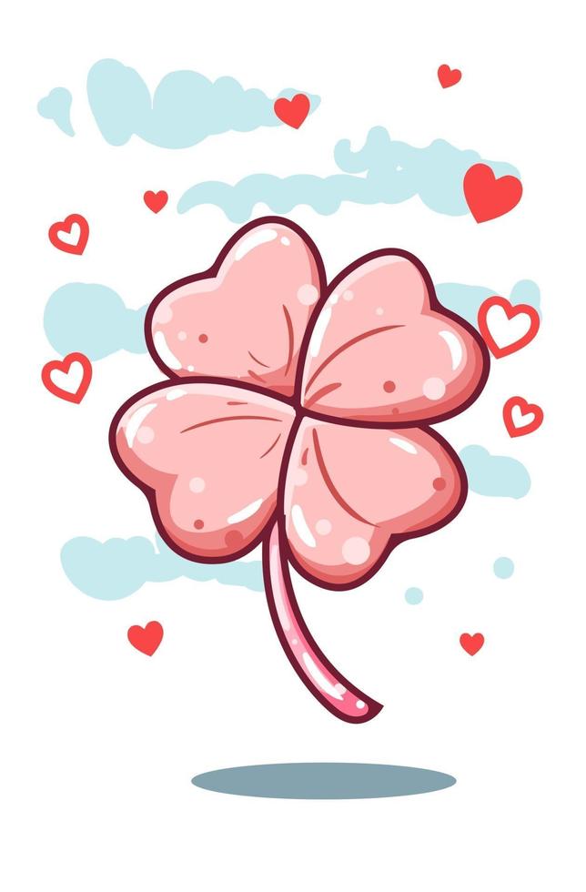 folha de trevo rosa com ilustração de desenho animado de amor vetor