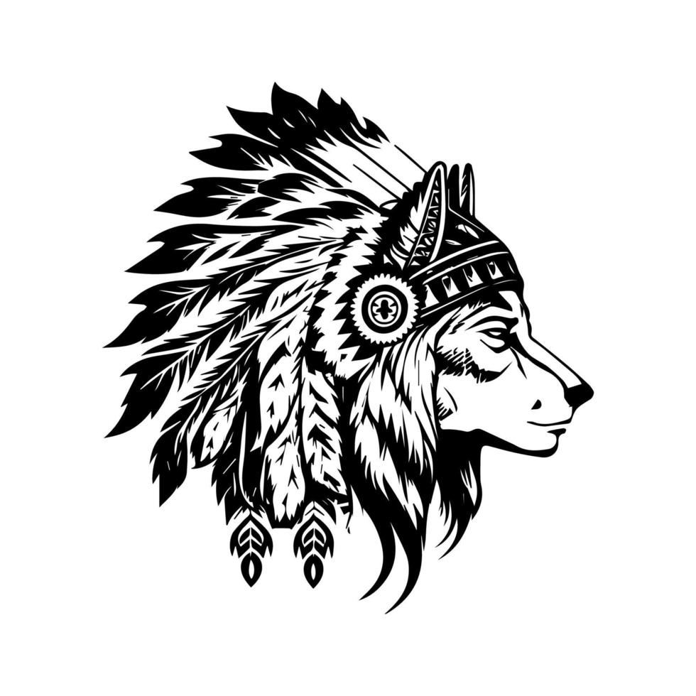 uma coleção do mão desenhado ilustrações apresentando uma Lobo vestindo indiano chefe cabeça acessórios. a desenhos estão Preto e branco e mostruário a Lobo com penas, cocar, e tribal adornos vetor