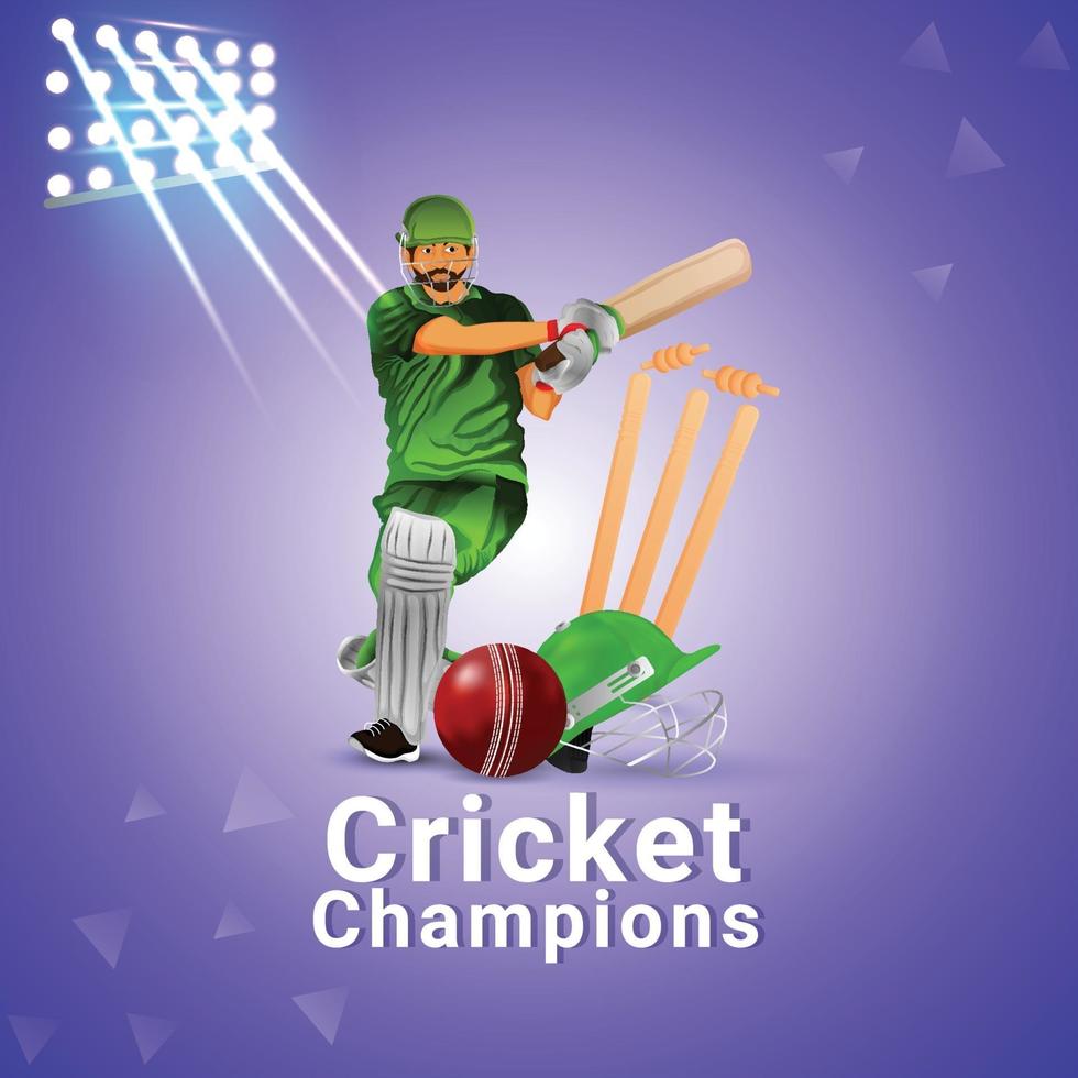 ilustração criativa de críquete de jogador e equipamento com fundo de estádio vetor