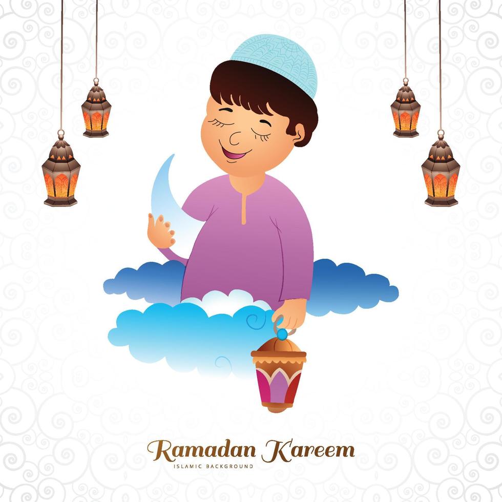 Ramadã kareem cumprimento cartão com lindo muçulmano crianças segurando árabe lanterna Projeto vetor