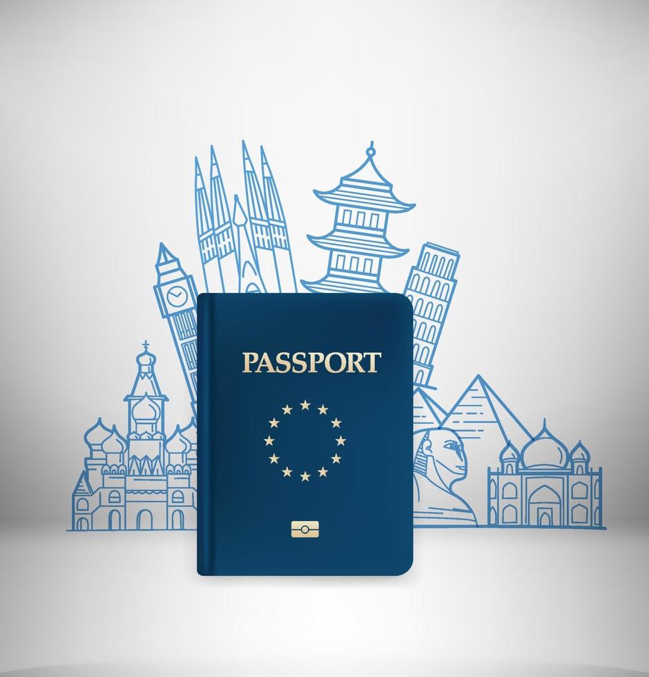 ilustração de viagens com passaporte azul. ilustração vetorial com monumentos famosos vetor