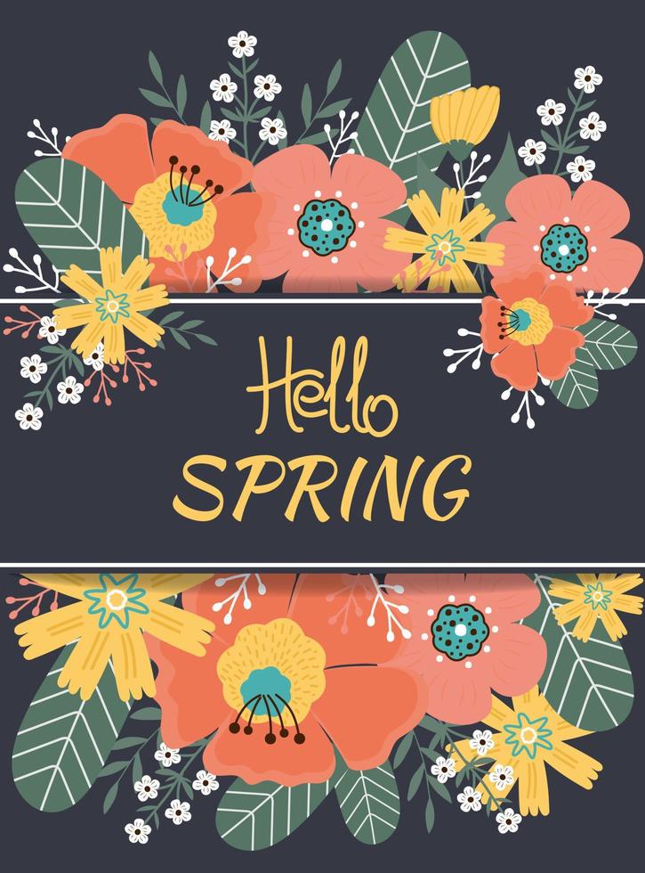 Olá Primavera. Primavera flores, folhas. bandeira, cartão postal, poster. vetor