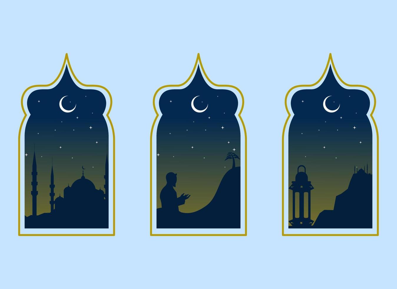 Ramadã kareem ilustração com mesquita silhueta e luz das estrelas e lua, fundo o negócio rótulo, convite modelo, social meios de comunicação, etc. Ramadã kareem temático plano vetor ilustração.