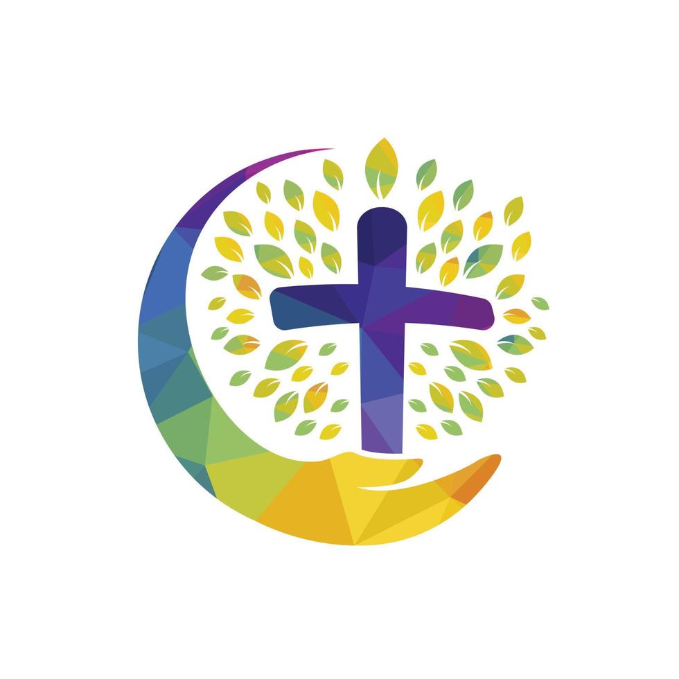 Igreja Cuidado vetor logotipo Projeto modelo. Cruz árvore com humano mão ícone logotipo Projeto.