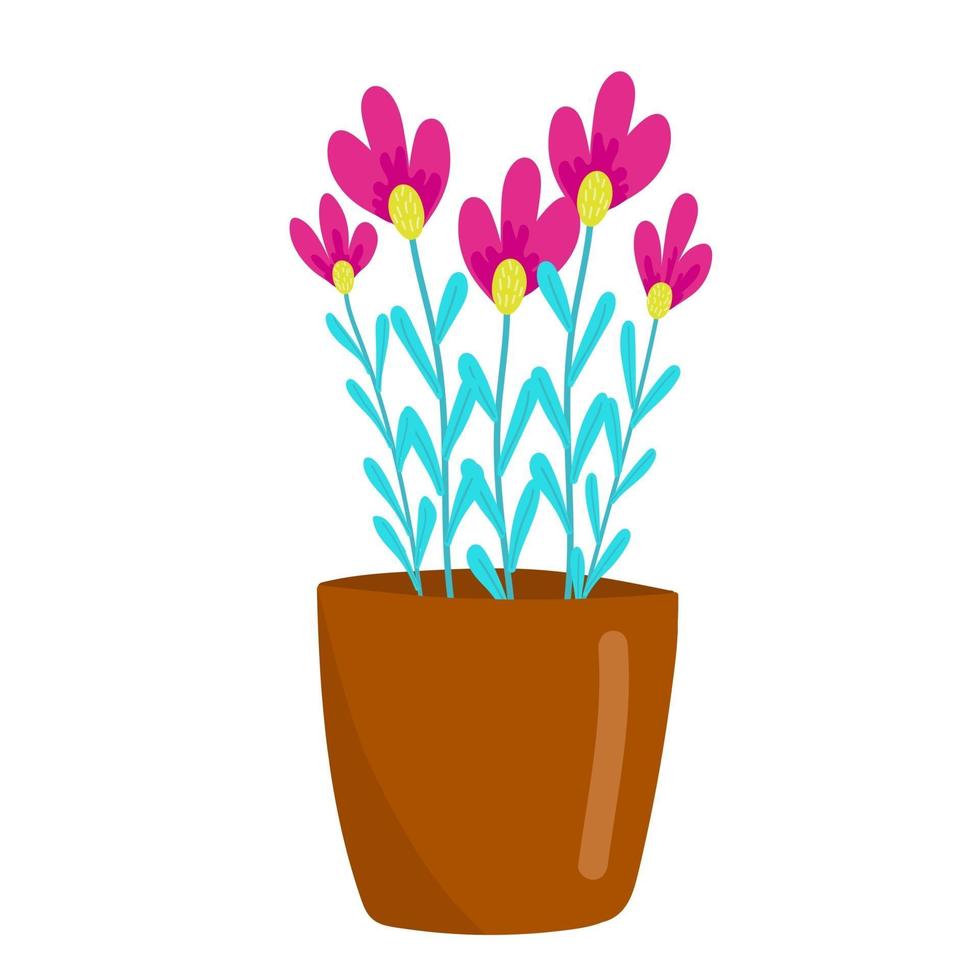 flores roxas pequenas em uma panela marrom, plantas de casa, flores para casa em estilo cartoon, objeto de vetor, desenho de mão, fundo branco isolado. vetor
