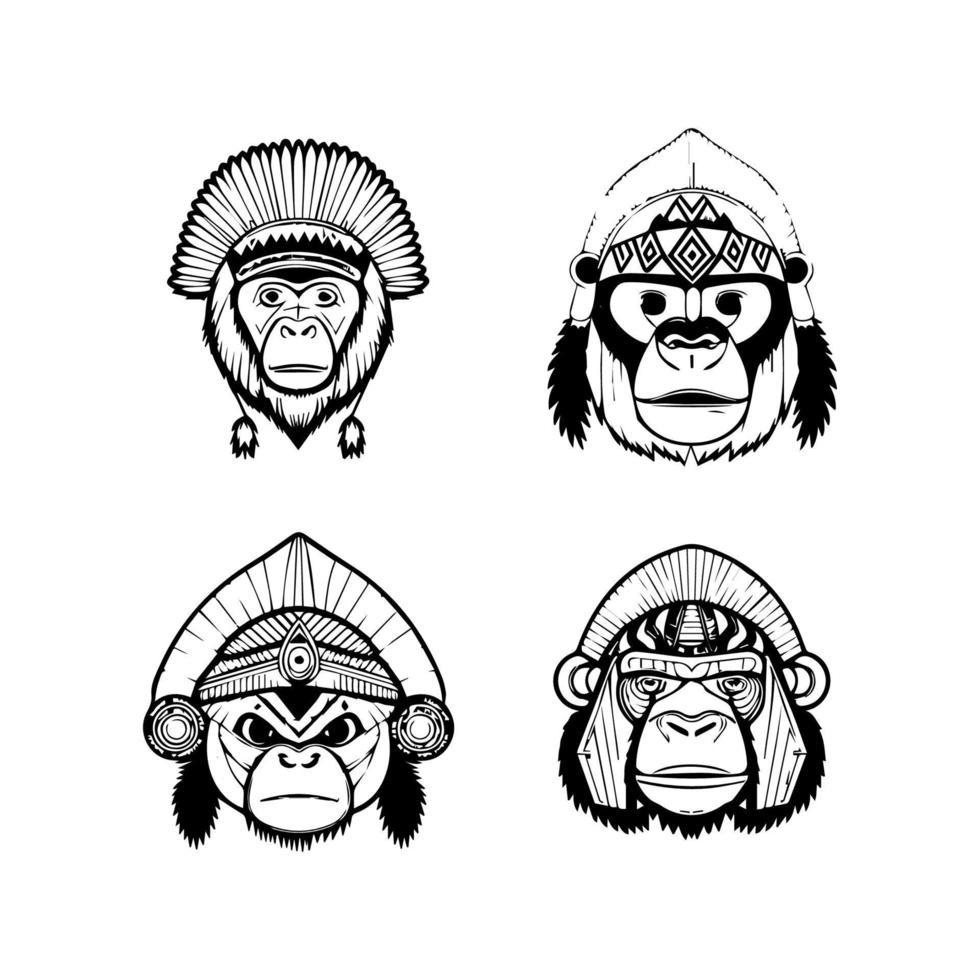 desencadear a selvagem lado com nosso fofa kawaii gorila cabeça vestindo indiano chefe acessórios coleção. mão desenhado com amor, esses ilustrações estão certo para adicionar uma toque do força e brincadeira vetor