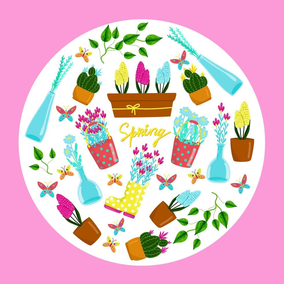 cartão para férias de primavera, flores da primavera, elementos do vetor dispostos em um círculo, conjunto brilhante de jardim primavera e flores internas. estilo dos desenhos animados, desenho de mão.