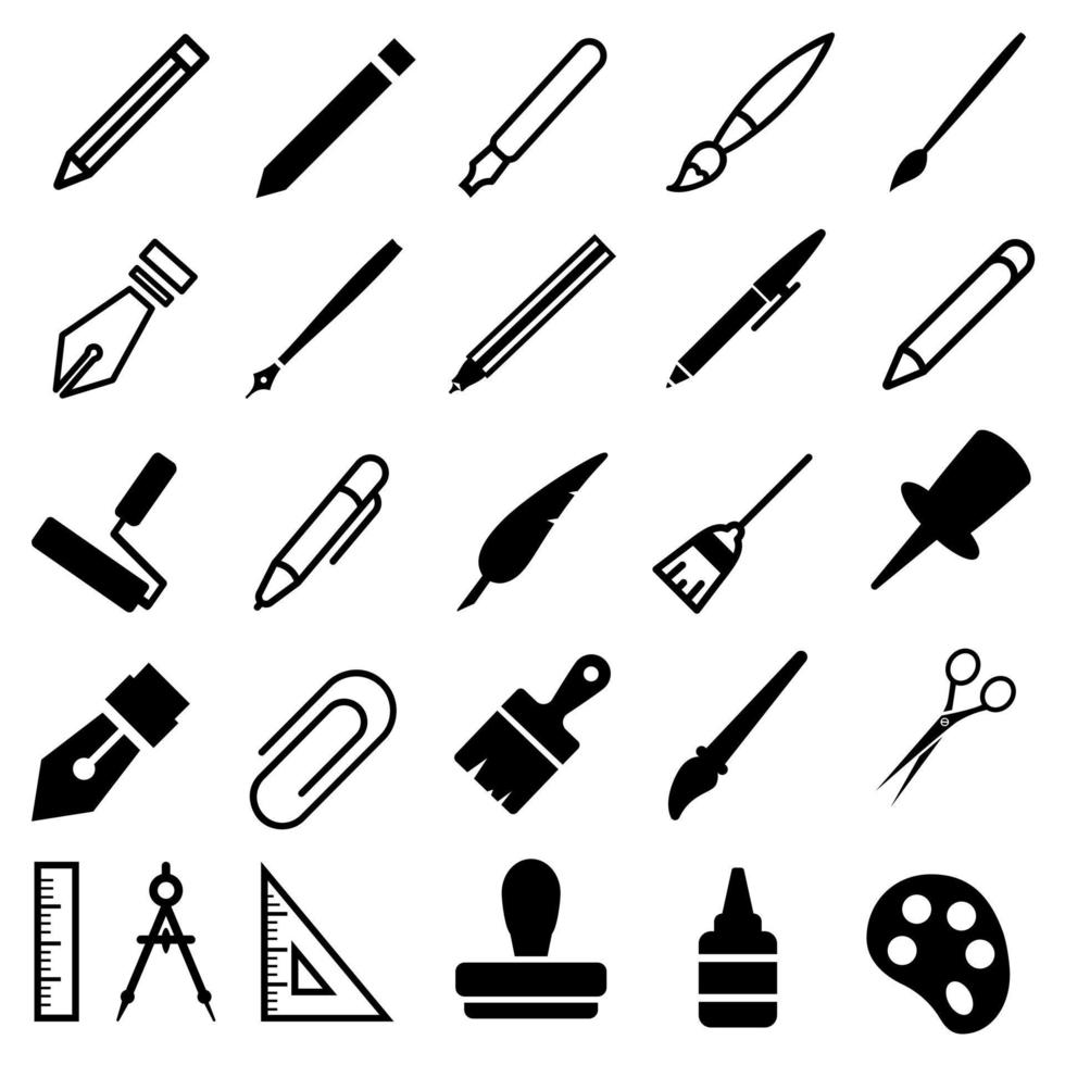 desenhando Ferramentas vetor ícones definir. caneta ou lápis ilustração placa coleção. pixel perfeito símbolo.