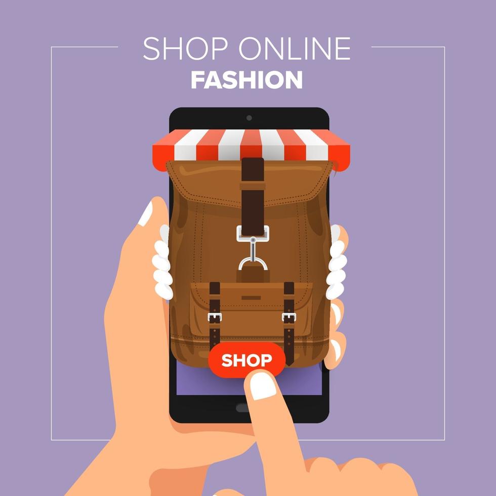 ilustrações loja online de loja online de conceito de design plano. mão segure compras de moda de venda móvel. vetor
