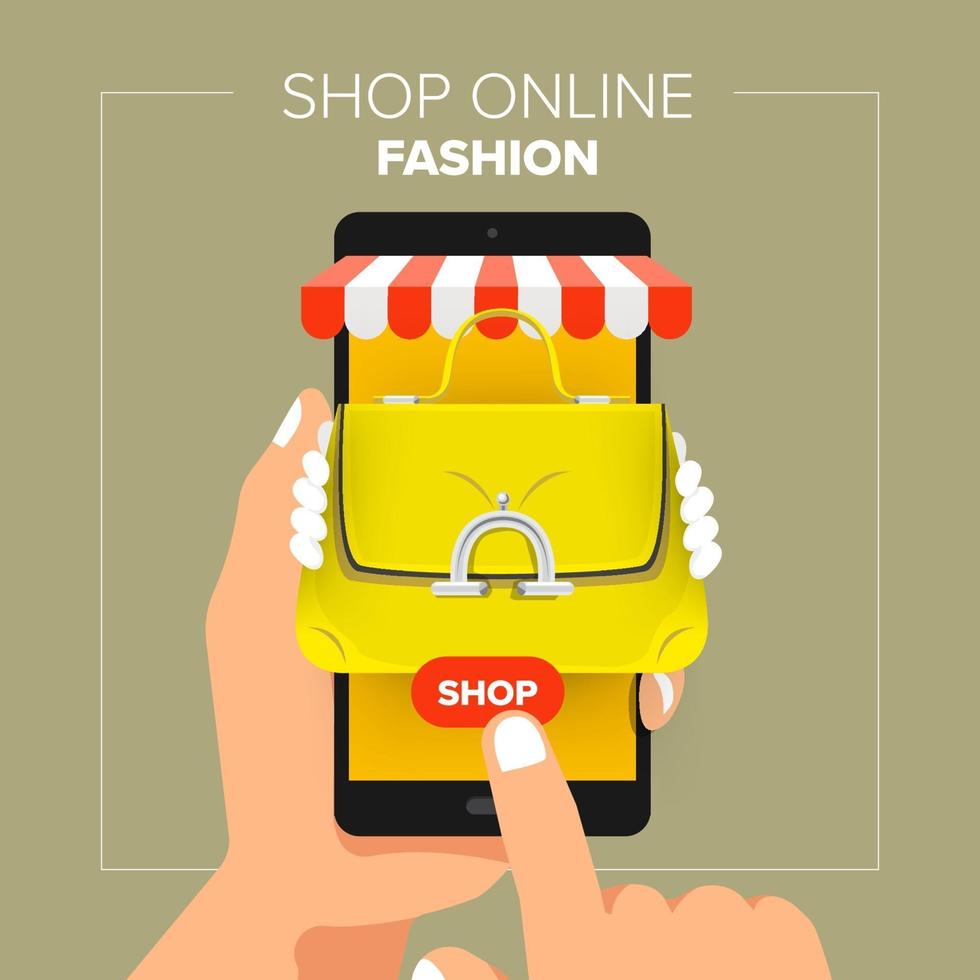 ilustrações loja online de loja online de conceito de design plano. mão segure compras de moda de venda móvel. vetor