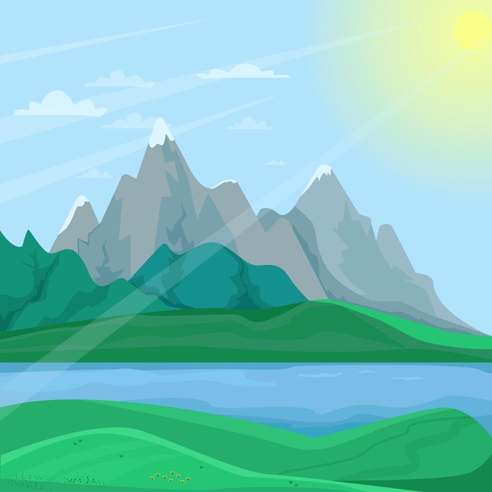 paisagem de montanha de primavera, montanhas com picos cobertos de neve, rio entre as margens, lindo dia de primavera nas montanhas, ilustração vetorial em estilo simples. vetor
