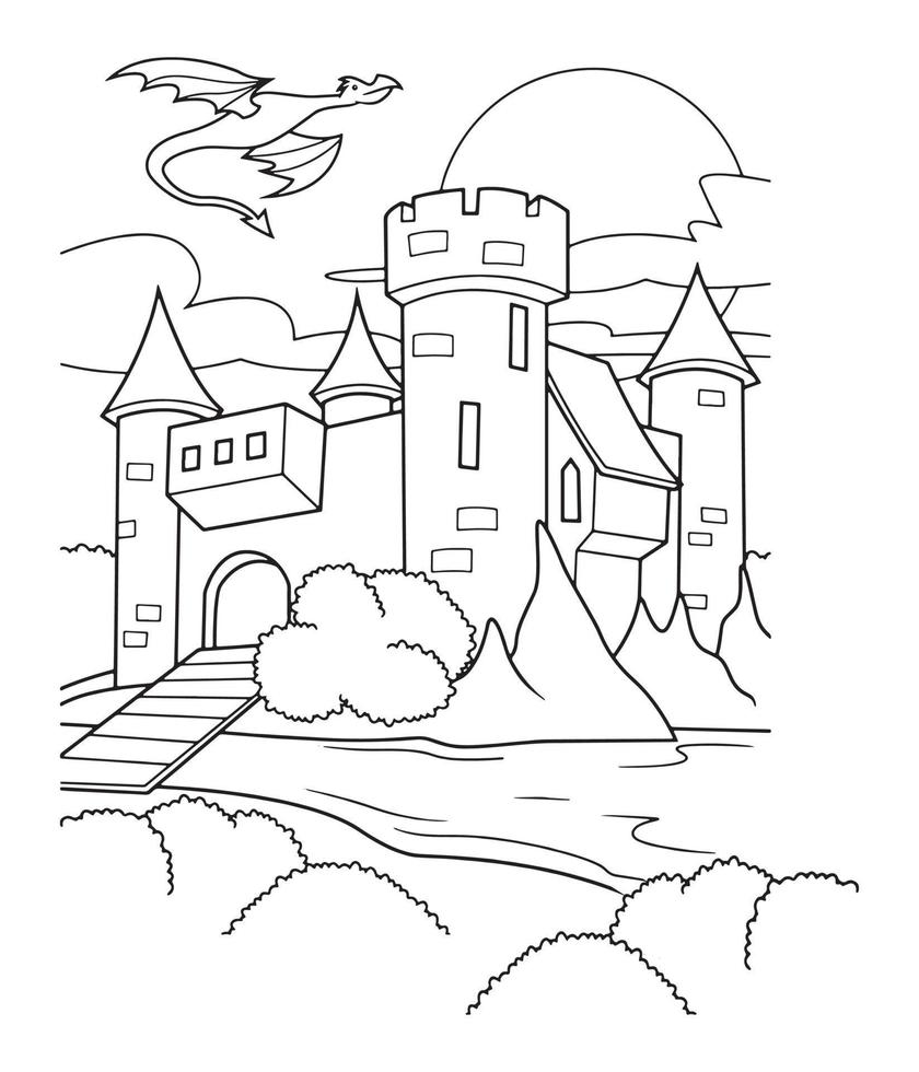 vetor ilustração do uma castelo e vôo Dragão. usava para coloração livro, coloração Páginas, etc