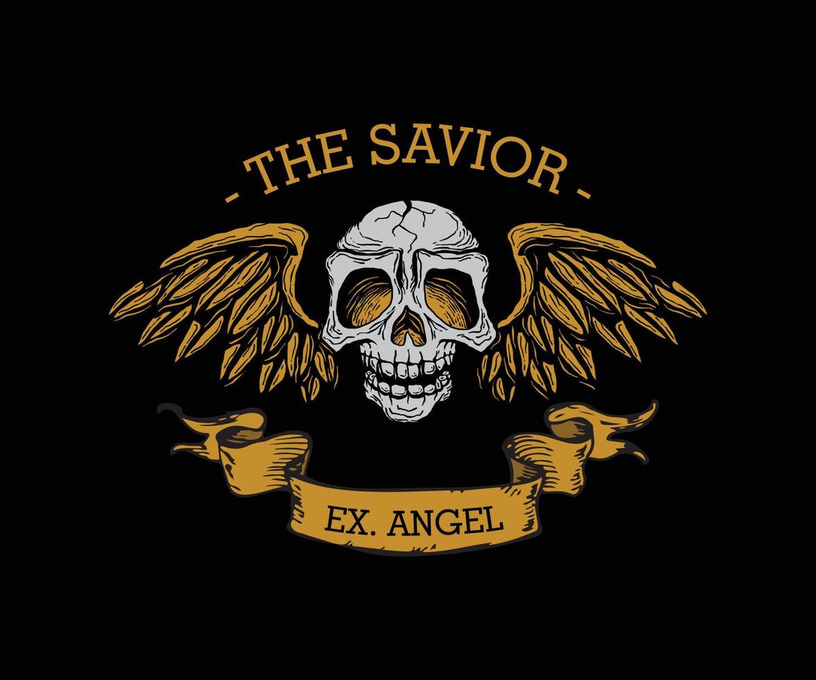 gótico crânio com texto este diz 'o salvador, ex anjo'. adequado para adesivo, tatuagem, roupas, jaqueta, poster, etc vetor