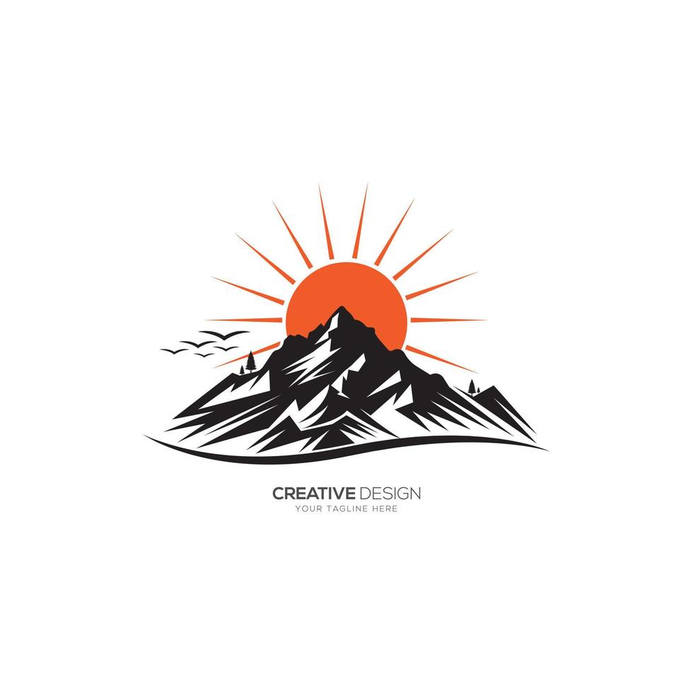 montanha com Sol criativo monograma logotipo vetor