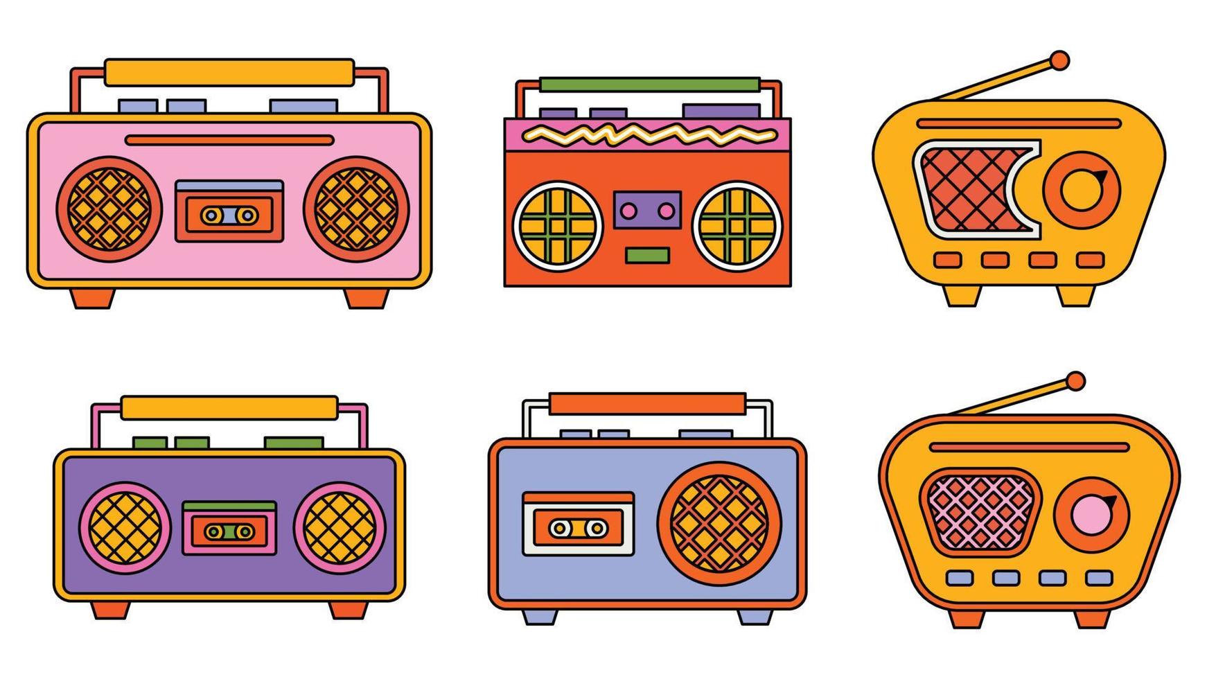 conjunto do na moda hipster retro música elementos. coleção adesivos do groovy retrowave clipart. colagem com tendência pop vibração com funky Projeto elemento. fundo adesivo emblema do desenho animado vetor