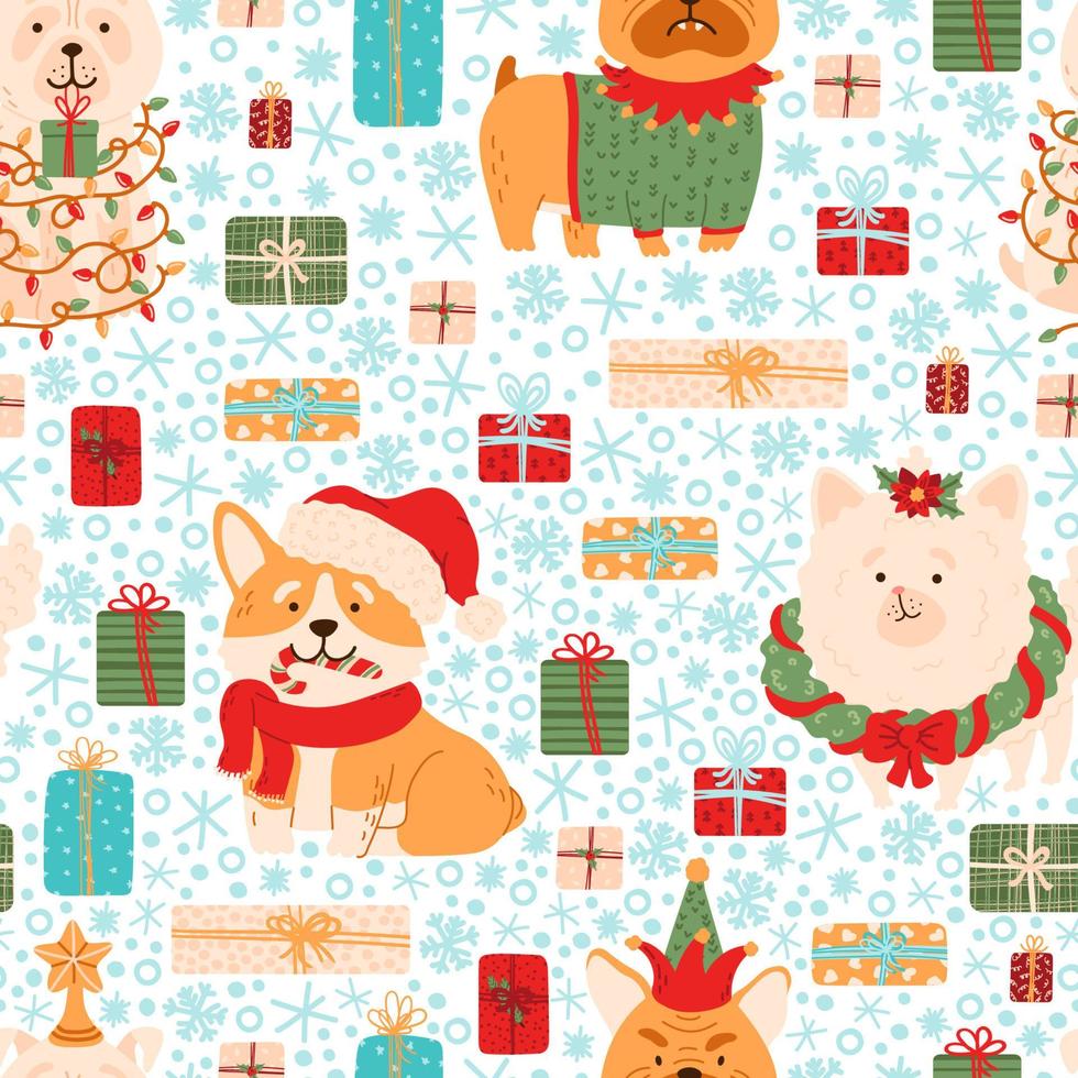 cães de natal, presentes e flocos de neve vetor padrão sem emenda. cachorrinho fofo vestido com fantasias de natal, neve, presentes com decorações de férias. inverno, textura festiva de ano novo.