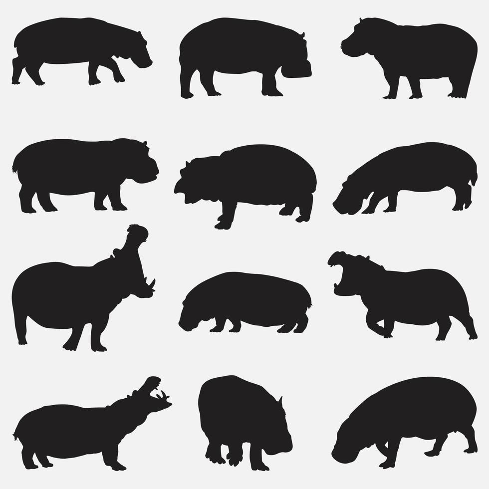 conjunto de modelos de design de vetor de silhuetas de hipopótamo