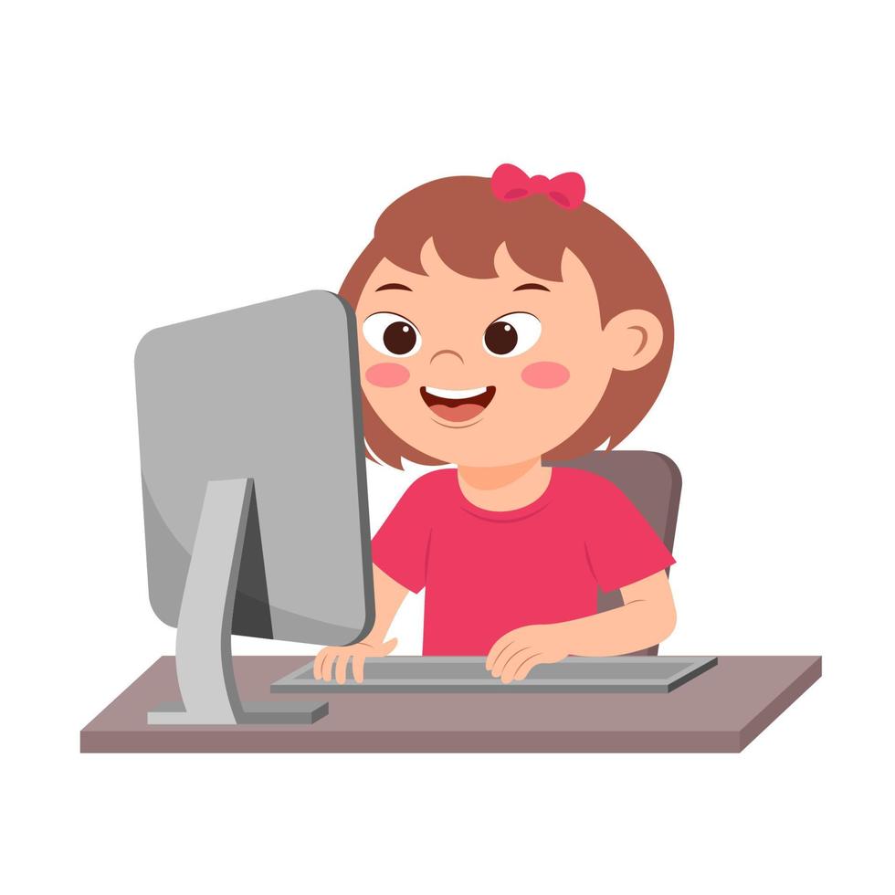 fofa pequeno menina com baixa síndrome usar computador para estudar. tecnologia conceitos para Educação. desenho animado vetor ilustração isolado em uma branco fundo.