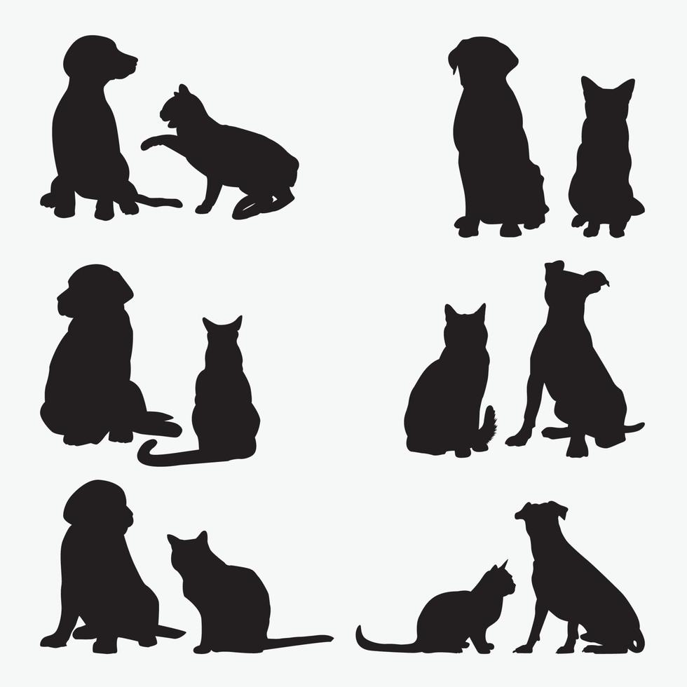 Conjunto de modelos de design de silhuetas de cães e gatos vetor