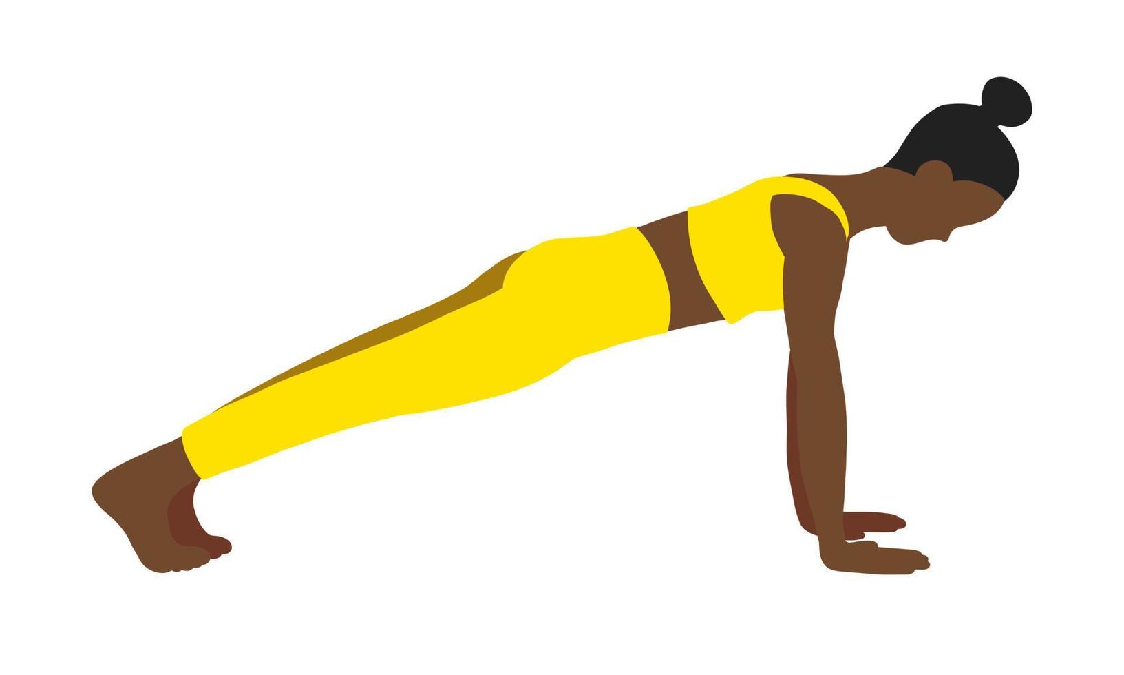 flexibilidade ioga pose. africano americano fêmea, senhora, mulher, menina com amarelo rastrear terno. pilates, treinamento, fitness, esporte. vetor ilustração dentro desenho animado plano estilo isolado em branco fundo.