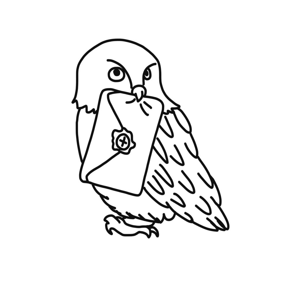 branco coruja com uma carta dentro esboço desenho animado rabisco estilo. mão desenhado vetor ilustração isolado em branco fundo.