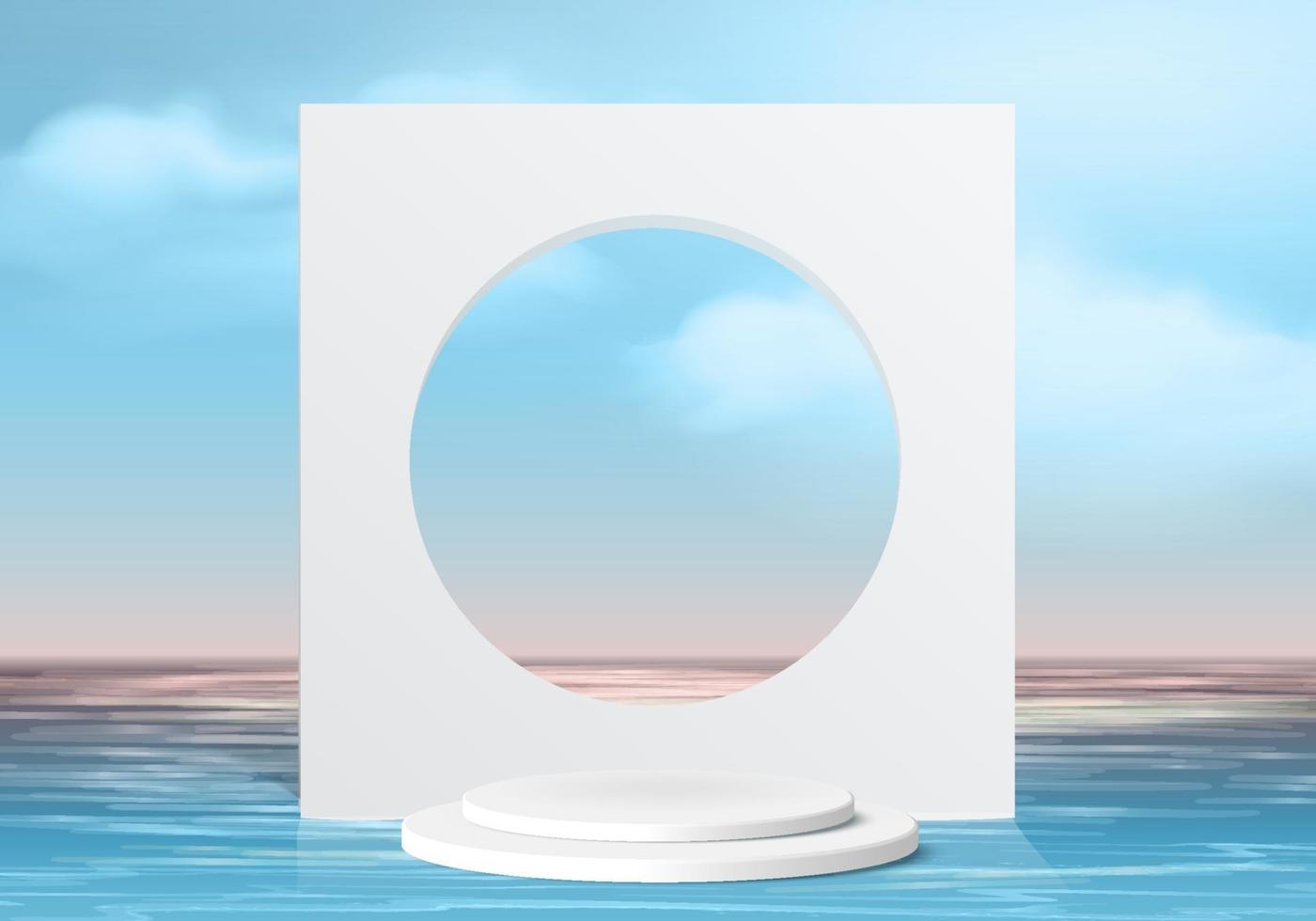 vetor de fundo 3d renderização azul com pódio rosa e cena mínima de verão com água do mar, fundo abstrato mínimo renderização 3d de forma geométrica céu azul. palco para show cosmético no pódio.