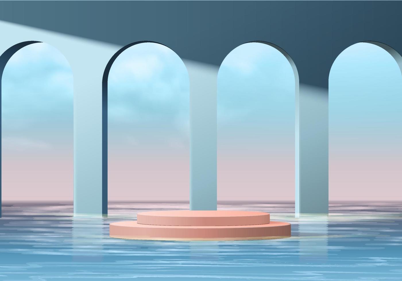 vetor de fundo 3d renderização azul com pódio rosa e cena mínima de verão com água do mar, fundo abstrato mínimo renderização 3d de forma geométrica céu azul. palco para show cosmético no pódio.
