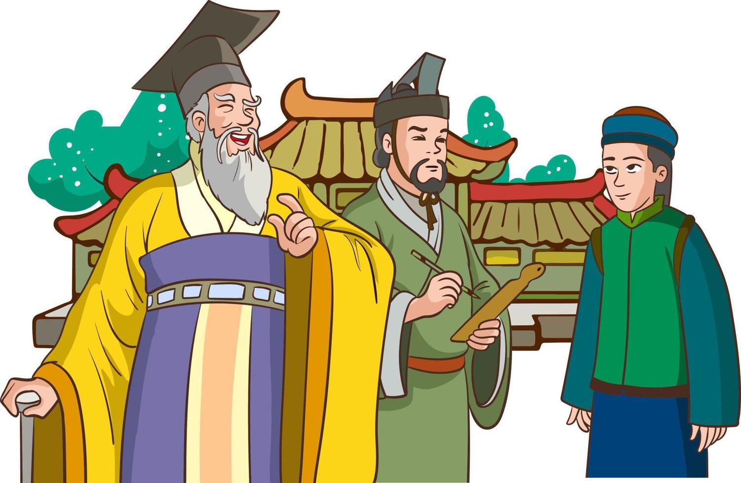 Khan japonês, chinês, mongol. guerreiro oriental sentado em posição de lótus no chão. homem oriental no capacete e com arco e espada. personagem de desenho animado bonito. isolado vetor