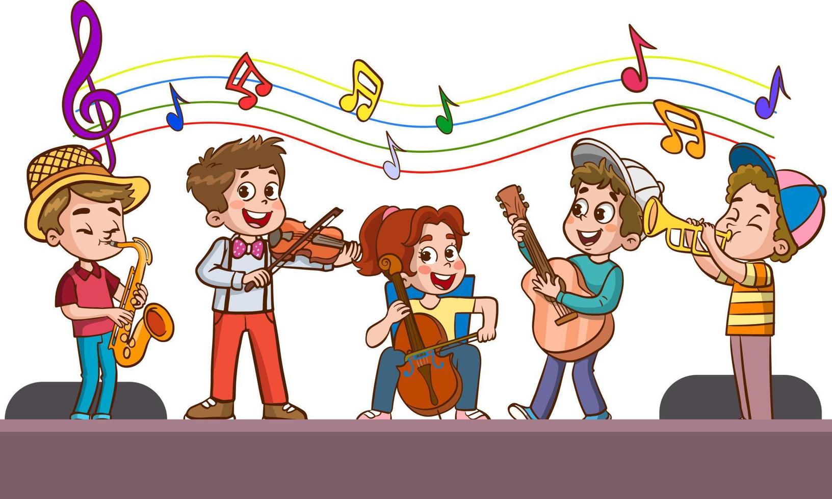 desenho animado grupo do crianças cantando e dançando dentro a escola coro vetor