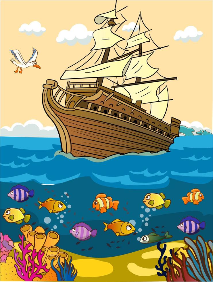 ilustração vetorial do velho navio no mar vetor