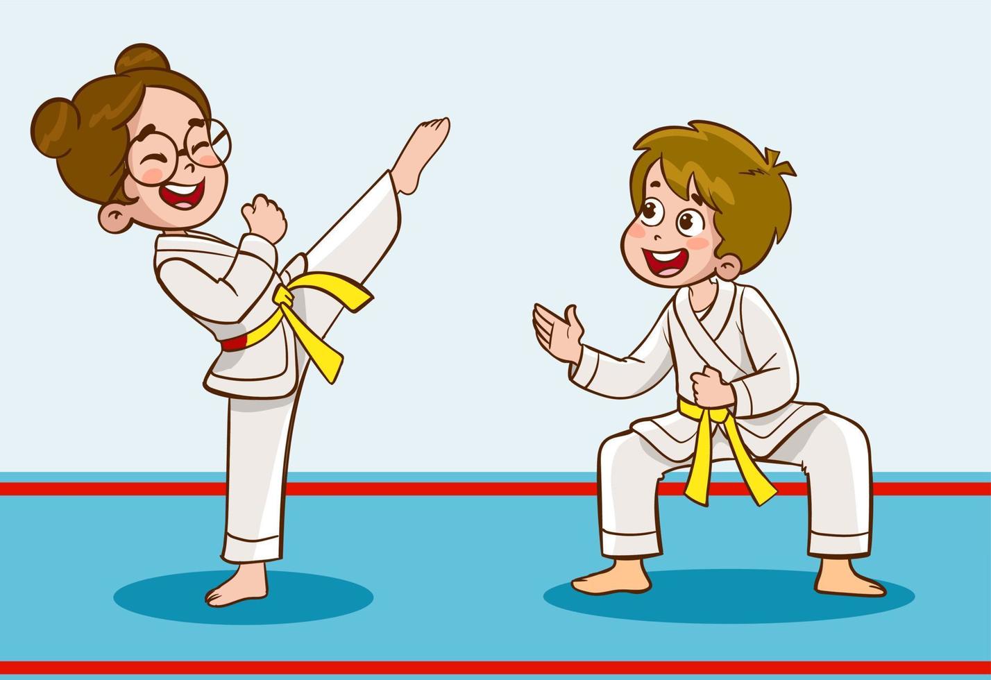 crianças dos desenhos animados treinando artes marciais em uniforme de quimono. ilustração de personagem de karatê ou taekwondo. vetor