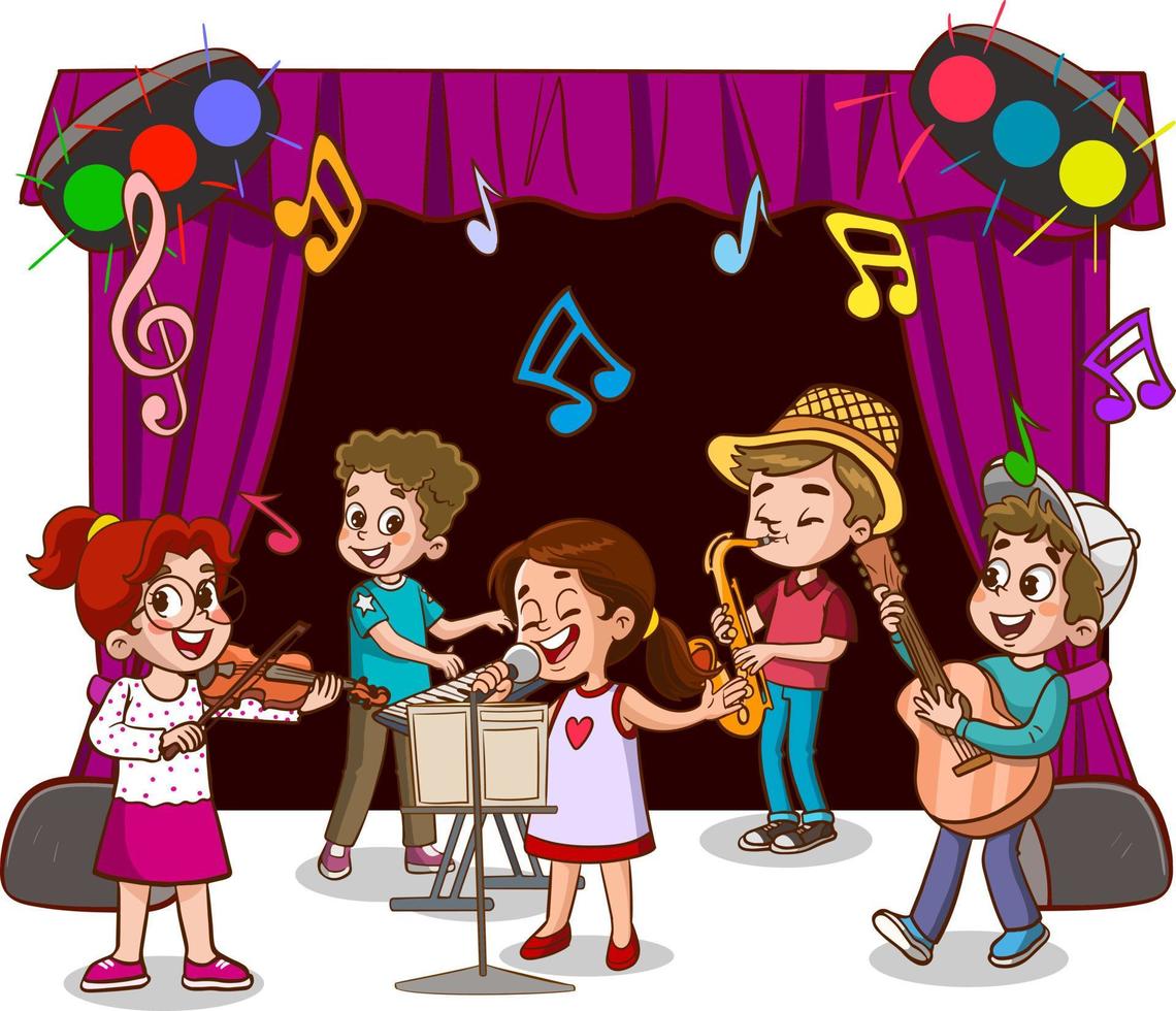 desenho animado grupo do crianças cantando e dançando dentro a escola coro vetor