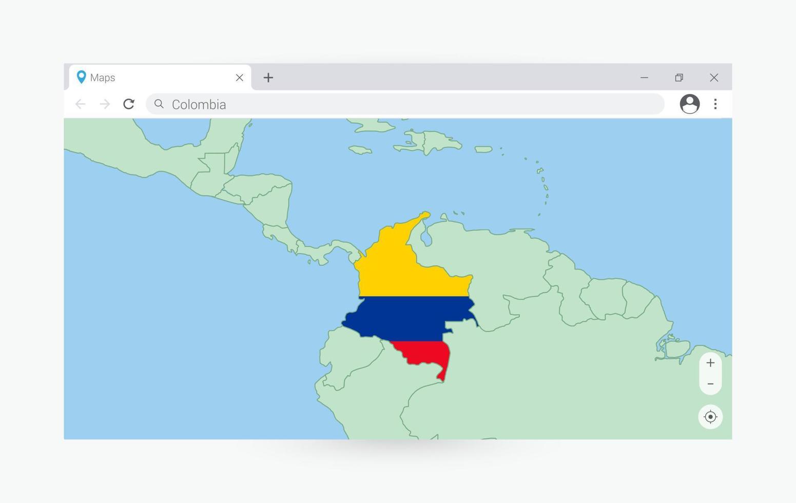 navegador janela com mapa do Colômbia, procurando Colômbia dentro Internet. vetor