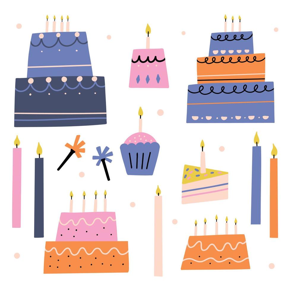 conjunto colorida aniversário bolo com velas vetor