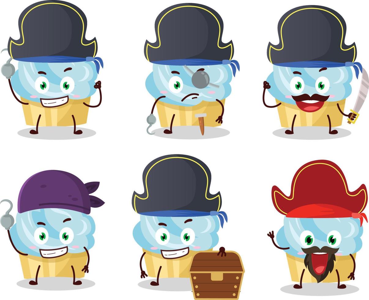 desenho animado personagem do baunilha bolo com vários piratas emoticons vetor