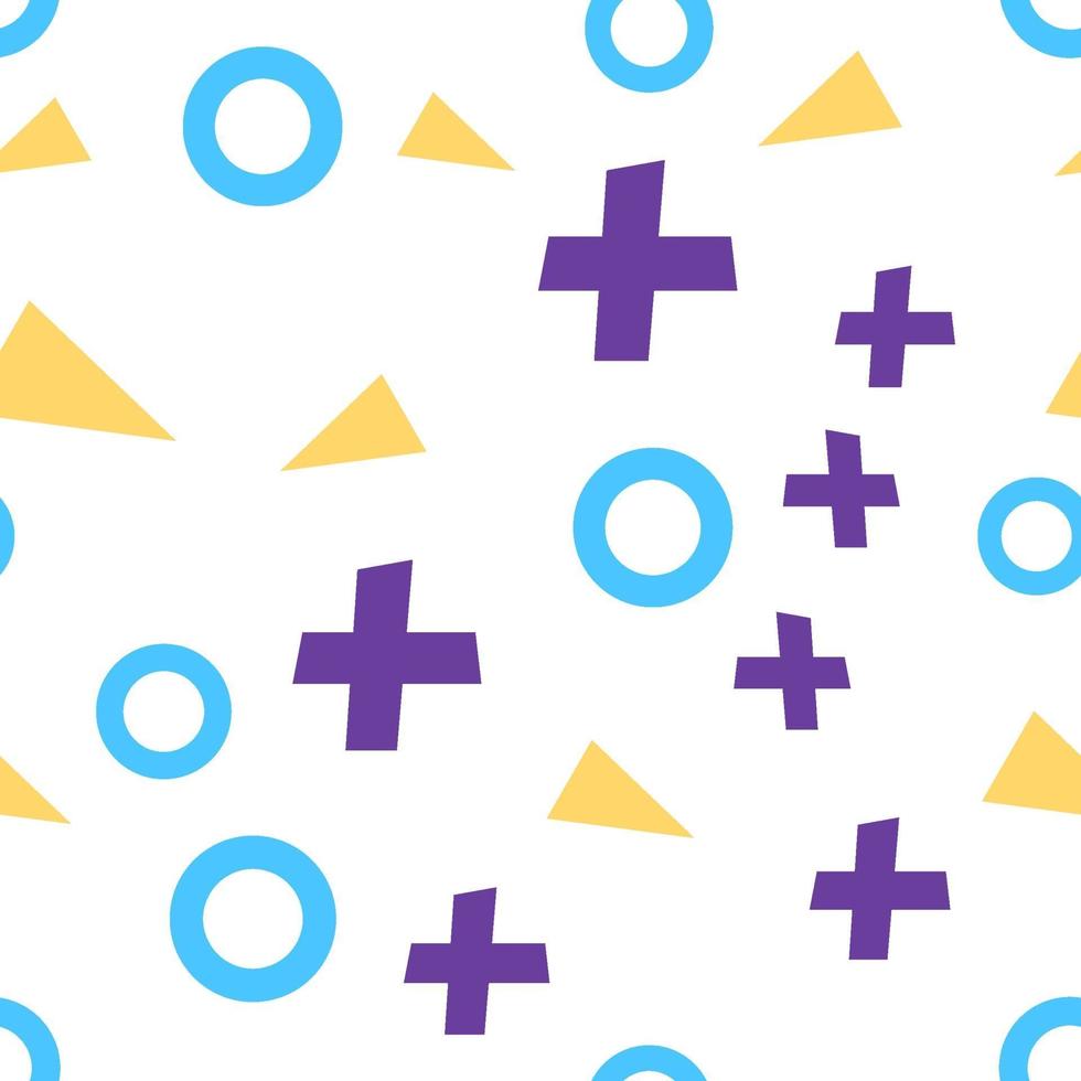 textura plana vetor de formas geométricas coloridas. figuras geométricas tamborilam no estilo moderno hippie. fundo abstrato com círculos azuis, cruzes lilás e triângulos amarelos