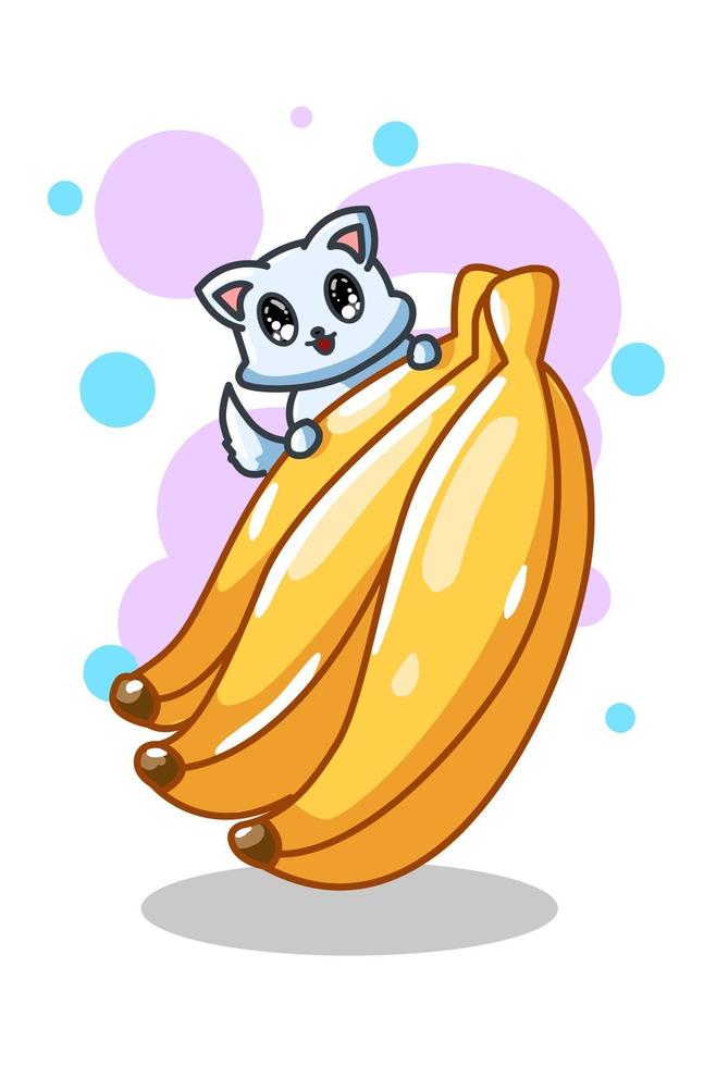 ilustração vetorial de bananas e gatinho fofo vetor