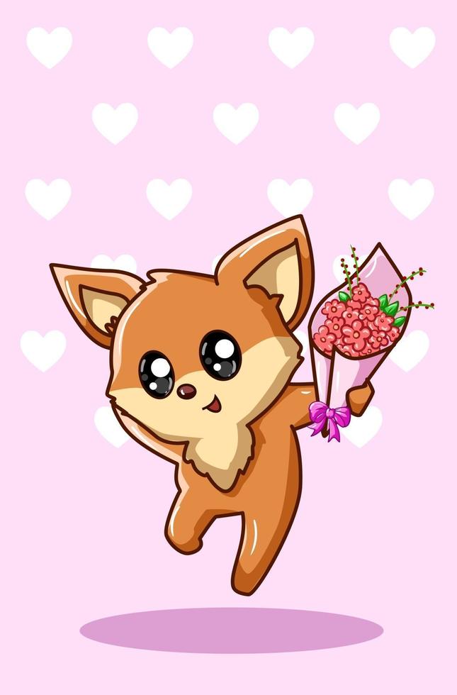 Raposa Kawaii carregando um buquê de flores na ilustração dos desenhos animados do Dia dos Namorados vetor