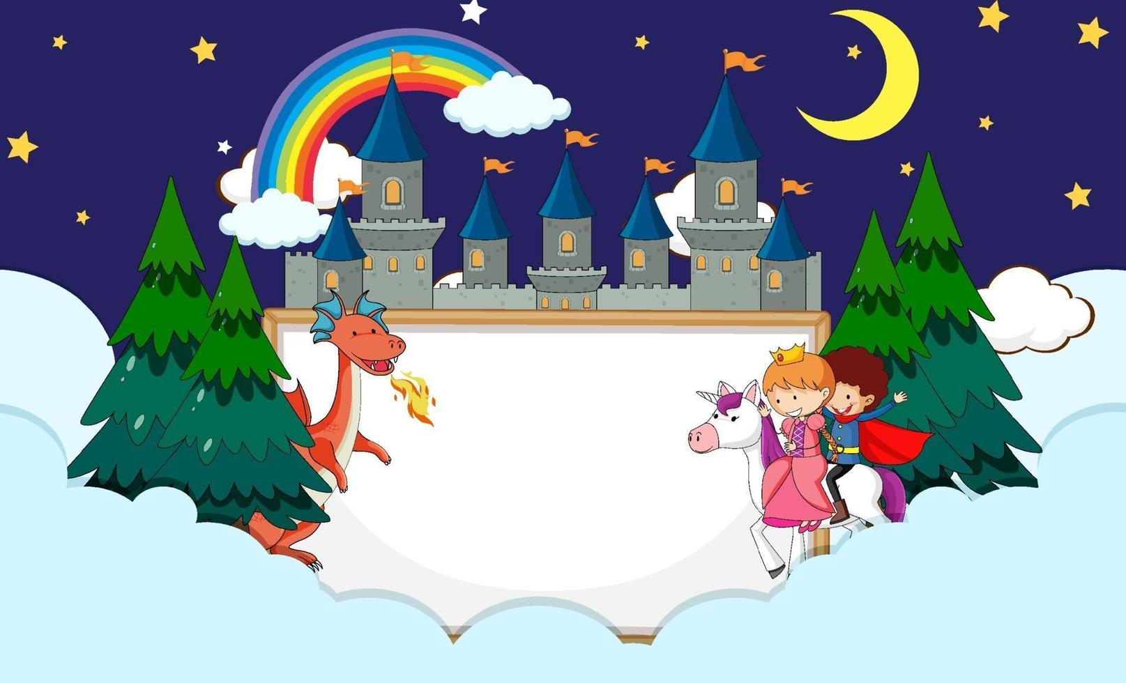 banner vazio no céu noturno com personagens e personagens de desenhos animados de contos de fadas vetor
