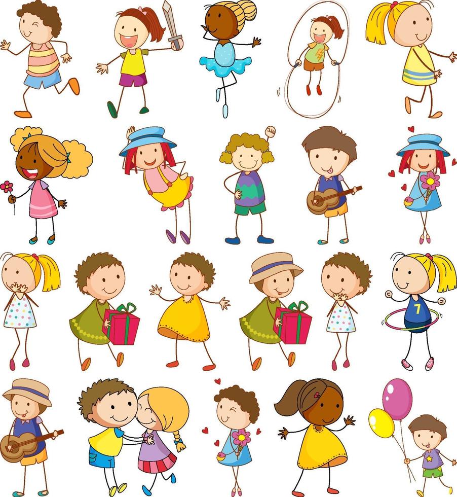 conjunto de diferentes personagens de desenhos animados doodle de crianças vetor