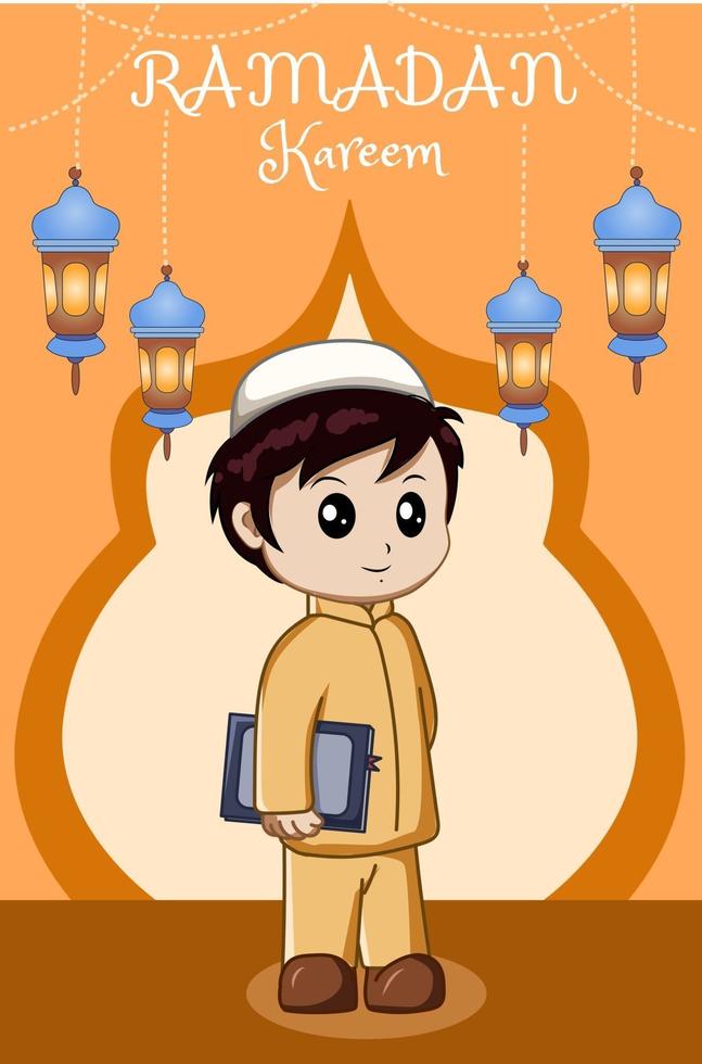 garotinho muçulmano carregando livro na ilustração dos desenhos animados ramadan kareem vetor