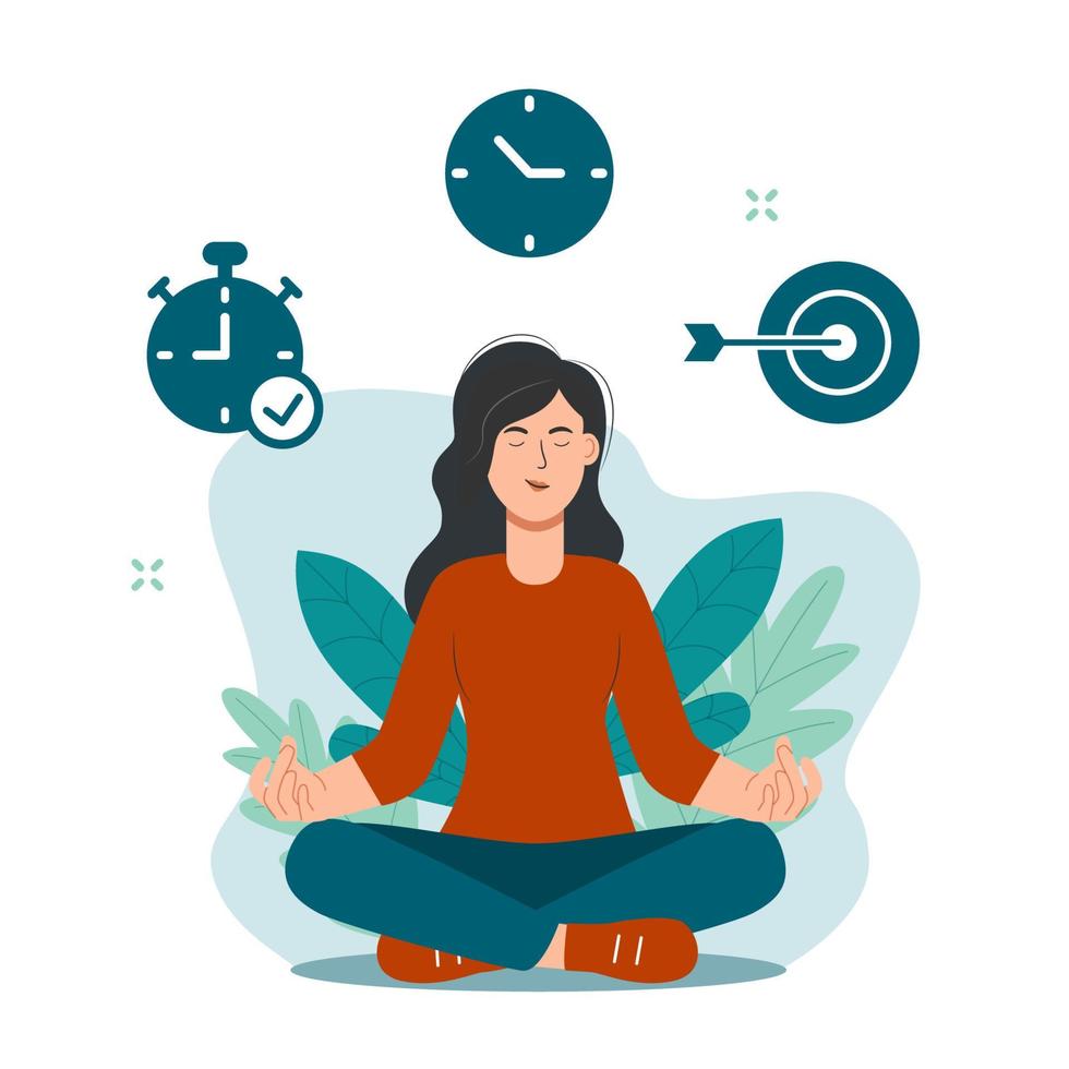 mulher fazendo meditação durante trabalhando horas para calma baixa a estressante emoção vetor