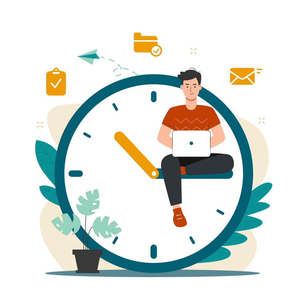 Tempo gestão e data limite conceito com homem sentado em relógio ilustração vetor