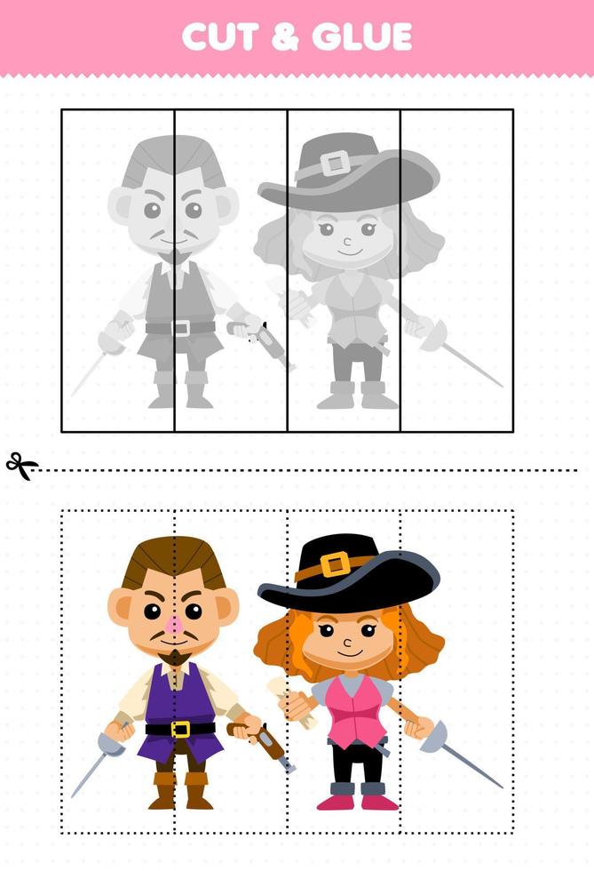 Educação jogos para crianças cortar e cola com fofa desenho animado casal imprimível pirata planilha vetor