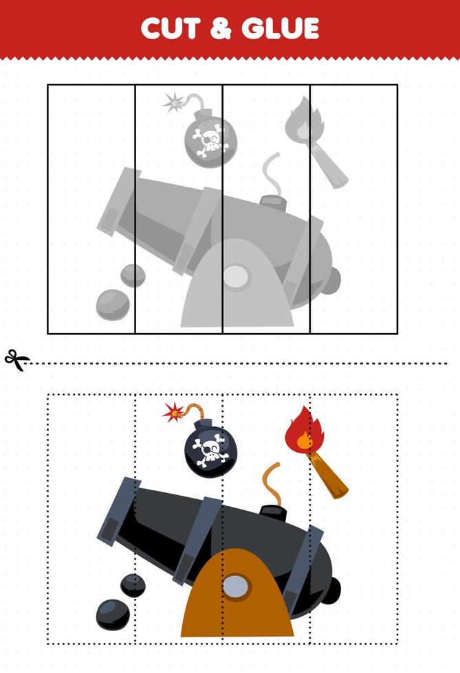 Educação jogos para crianças cortar e cola com fofa desenho animado bombear canhão e tocha imprimível pirata planilha vetor