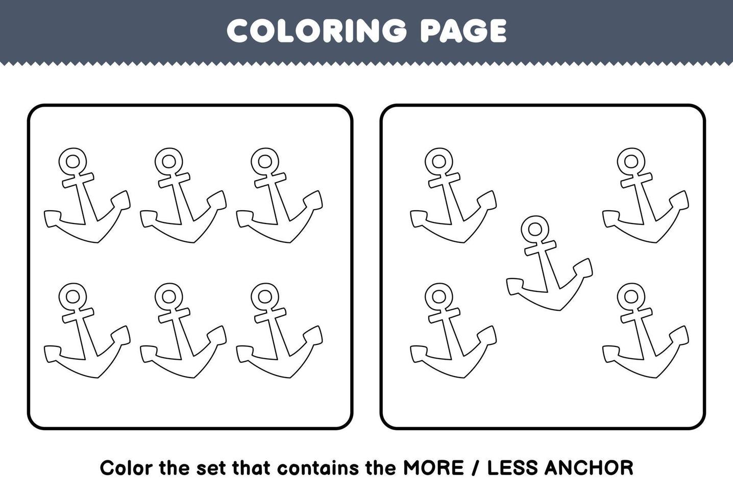 Educação jogos para crianças coloração página Mais ou Menos cenário do fofa desenho animado âncora linha arte conjunto imprimível pirata planilha vetor