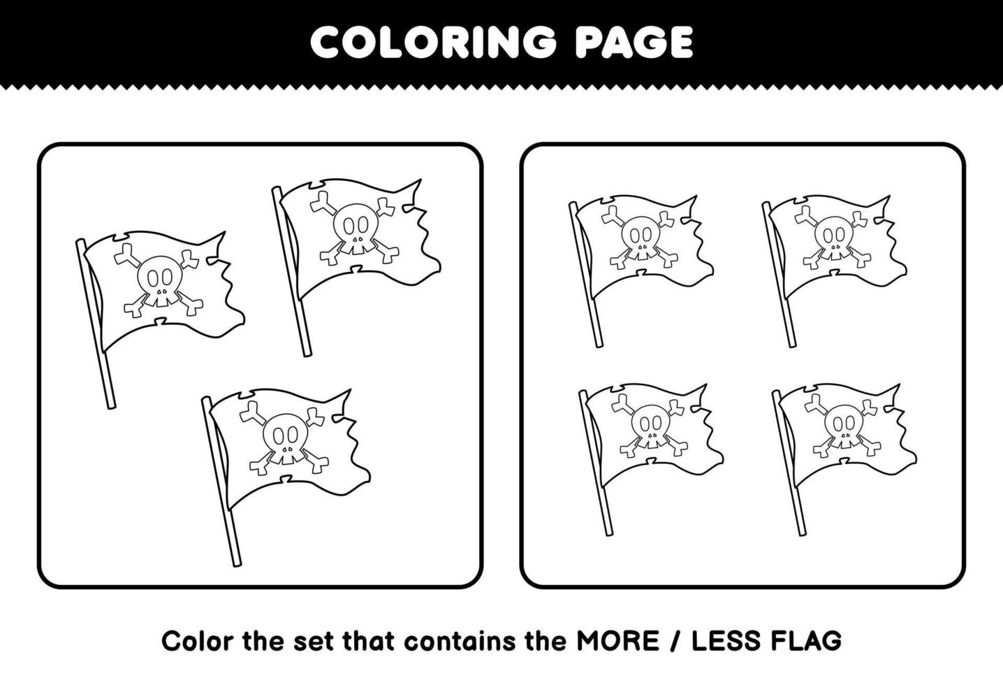 Educação jogos para crianças coloração página Mais ou Menos cenário do fofa desenho animado bandeira linha arte conjunto imprimível pirata planilha vetor