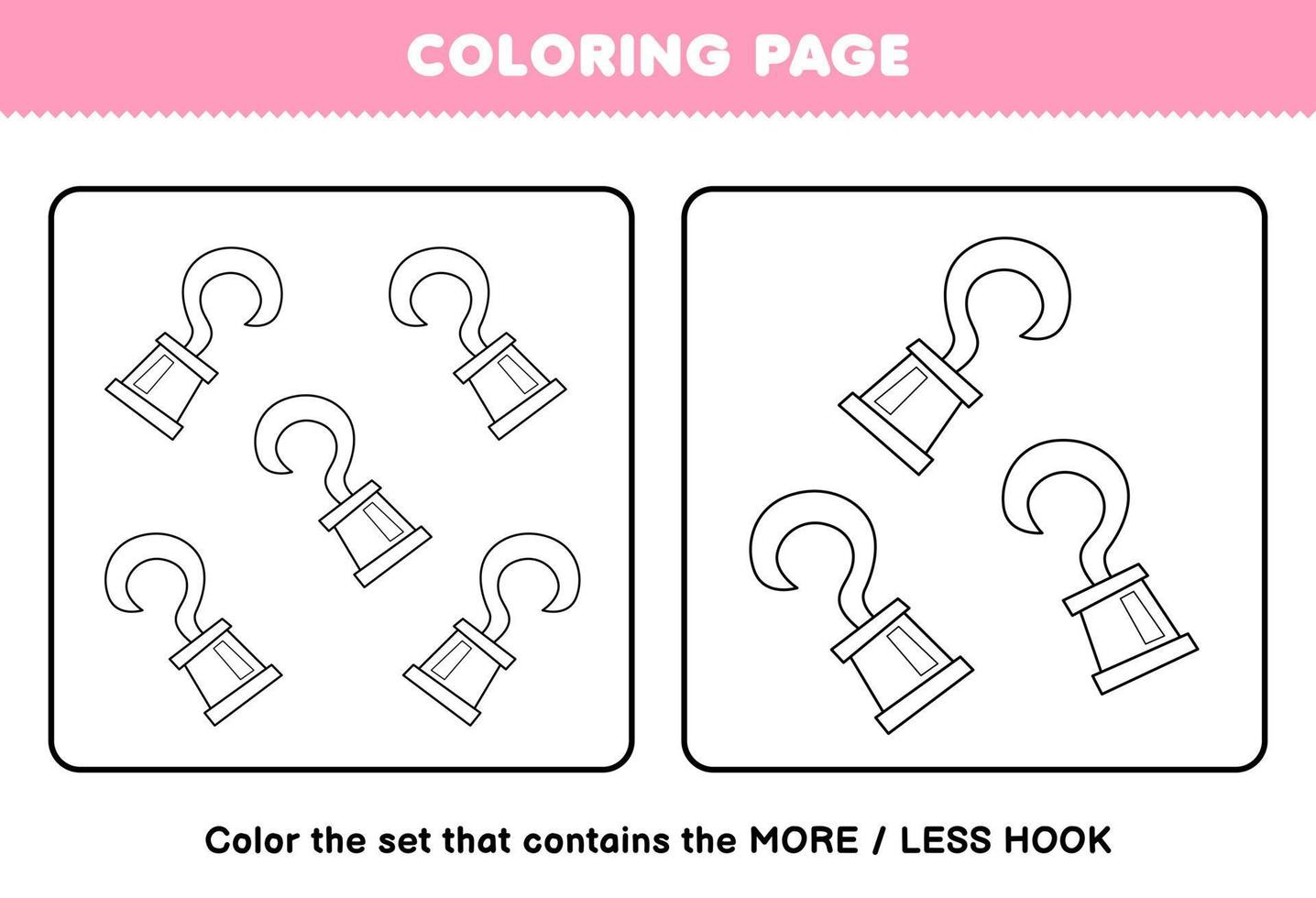 Educação jogos para crianças coloração página Mais ou Menos cenário do fofa desenho animado gancho linha arte conjunto imprimível pirata planilha vetor