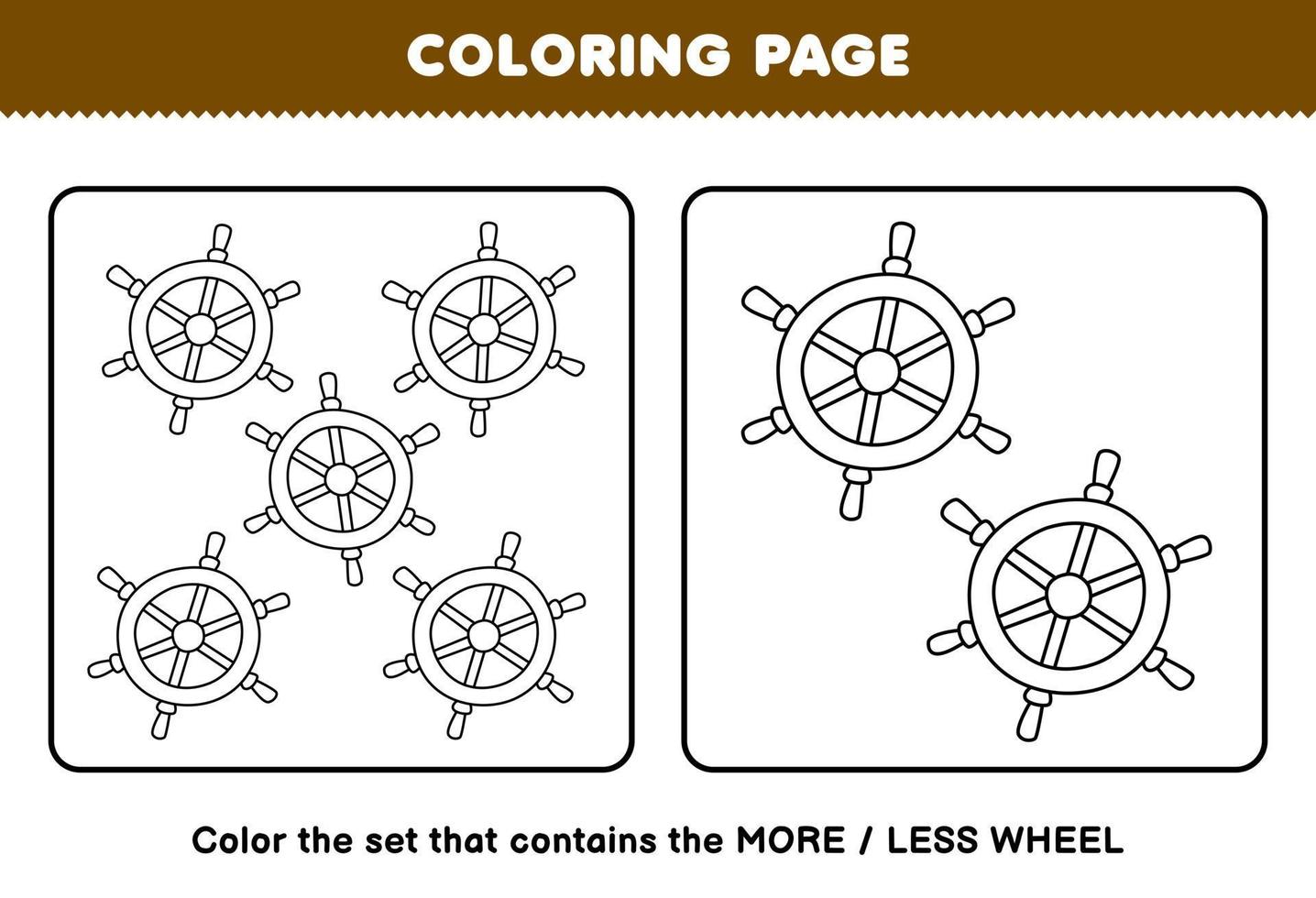 Educação jogos para crianças coloração página Mais ou Menos cenário do fofa desenho animado roda linha arte conjunto imprimível pirata planilha vetor