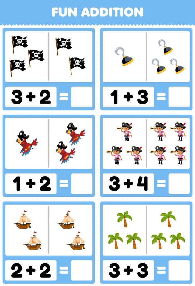Educação jogos para crianças Diversão Adição de contando e soma do fofa desenho animado bandeira gancho papagaio Garoto navio árvore imprimível pirata planilha vetor